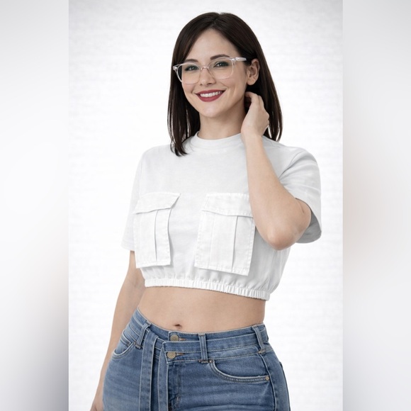 Women’s Ultra Short Cargo Crop Top with Round Neck and Pocket - Casual - Picture 5 of 14